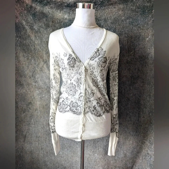 Ivory Floral Lightweight Merino Wool Cardigan - Picture 1 of 7